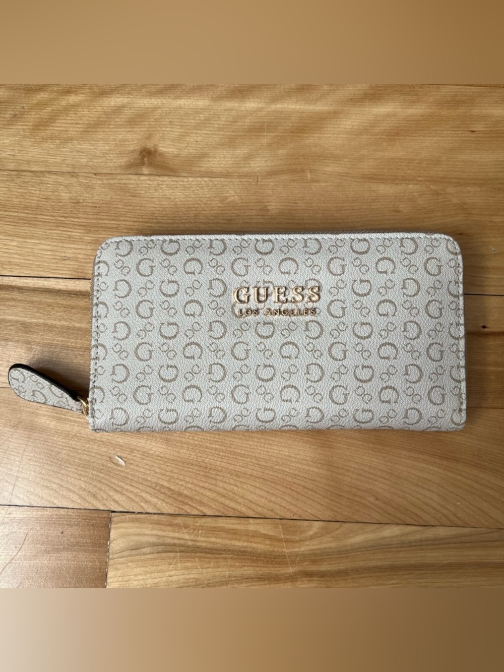 Guess Zip-Around Logo Continental Wallet in Light Beige and Gold